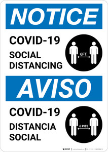 Notice: COVID-19 Social Distancing Bilingual Spanish with Icon Portrait - Wall Sign Notice: COVID-19 Social Distancing Bilingual Spanish with Icon Portrait - Wall Sign