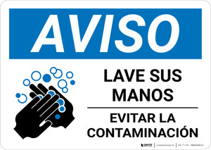 Notice: Wash Your Hands Avoid Contamination Spanish With Icon Landscape - Wall Sign
