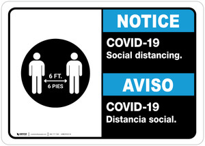 Notice: COVID-19 Social Distancing Bilingual Spanish with Icon ANSI Landscape - Wall Sign