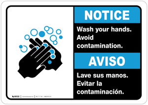 Notice: Wash Your Hands Avoid Contamination Bilingual Spanish with Icon ANSI Landscape - Wall Sign