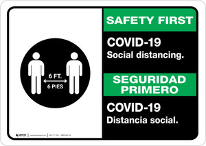 Safety First: COVID-19 Social Distancing Bilingual Spanish with Icon Landscape - Wall Sign