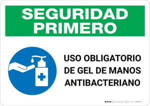 Safety First: Mandatory Use Of Anti-Bacterial Hand Gel Spanish With Icon Landscape - Wall Sign