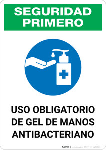Safety First: Mandatory Use Of Anti-Bacterial Hand Gel Spanish With Icon Portrait - Wall Sign
