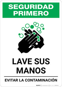 Safety First: Wash Your Hands Avoid Contamination Spanish with Icon Portrait - Wall Sign