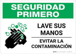 Safety First: Wash Your Hands Spanish with Icon Landscape - Wall Sign