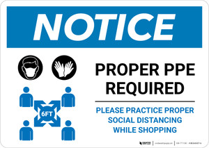 Notice: Proper PPE Required Social Distancing with Icons Landscape - Wall Sign