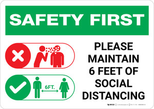 Safety First: Please Maintain 6 Feet of Social Distancing with Icons Landscape - Wall Sign