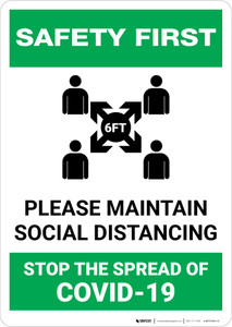 Safety First: Please Maintain Social Distancing Stop the Spread with Icon Portrait - Wall Sign
