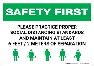 Safety First: Please Practice Proper Social Distancing Standards with Icon Landscape - Wall Sign