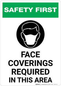 Safety First: Face Coverings Required In This Area with Icon Portrait - Wall Sign