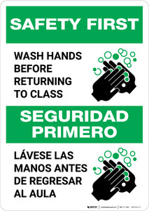Safety First: Wash Hands Before Returning To Class Bilingual Spanish with Icon Portrait - Wall Sign