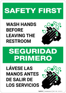 Safety First: Wash Your Hands Before Leaving Restroom Bilingual Spanish with Icon Portrait - Wall Sign