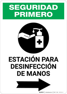 Safety First: Hand Sanitizing Station Right Spanish with Icon Portrait - Wall Sign