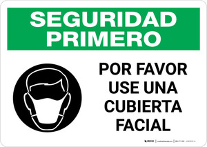 Safety First: Please Wear A Face Covering Spanish with Icon Landscape - Wall Sign