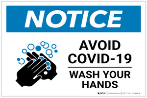 Notice: Avoid COVID-19 Wash Your Hands ANSI Landscape - Label