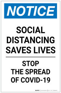 Notice: Social Distancing Saves Lives Stop COVID-19 ANSI Portrait - Label