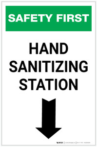 Safety First: Hand Sanitizing Station Below with Arrow Portrait - Label