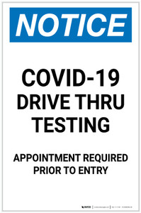 Notice: COVID-19 Drive Thru Testing Appointment Required Portrait - Label