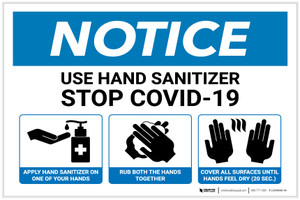 Notice: Use Hand Sanitizer with 3-Step Icon Instructions Landscape - Label