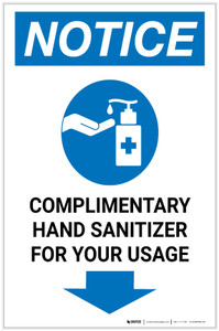 Notice: Complimentary Hand Sanitizer For Your Usage Down Arrow Portrait - Label