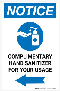 Notice: Complimentary Hand Sanitizer For Your Usage Left Arrow Portrait - Label
