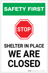 Safety First: STOP - Shelter in Place - We Are Closed Portrait - Label