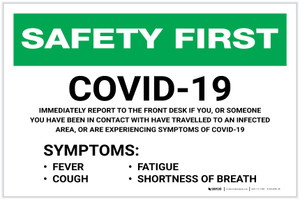 Safety First: Covid-19 Symptoms - Report to Front Desk Landscape - Label