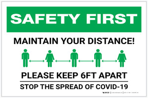 Safety First: Maintain Your Distance - Please Keep 6ft Apart Landscape - Label