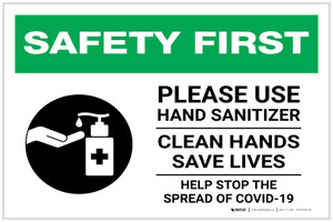 Safety First: Please Use Hand Sanitizer - Clean Hands Save Lives Landscape - Label