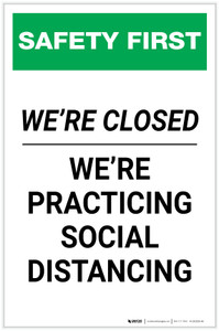 Safety First: We Are Closed - We're Practicing Social Distancing Portrait - Label