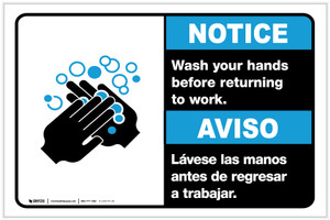 Notice: Wash Hands Before Returning To Work Bilingual Spanish with Icon ANSI Landscape - Label