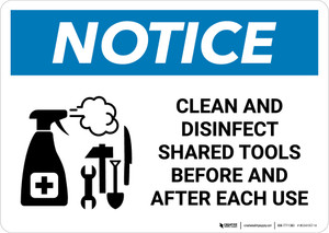 Notice: Clean And Disinfect Shared Tools with Icon Landscape - Wall Sign