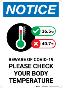 Notice: Please Check Your Body Temperature Beware of COVID with Icon Portrait - Wall Sign