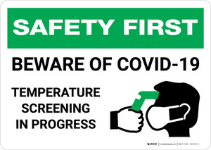 Safety First: Beware Of COVID-19 Temperature Screening with Icon Landscape - Wall Sign