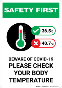 Safety First: Please Check Your Body Temperature Beware of COVID with Icon Portrait - Wall Sign