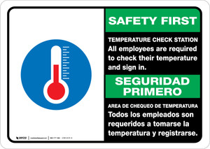 Safety First: Temperature Check Station Employees Required Bilingual Spanish with Icon Landscape - Wall Sign Safety First: Temperature Check Station Employees Required Bilingual Spanish with Icon Landscape - Wall Sign