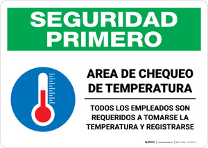 Safety First: Temperature Check Station Employees Required Spanish with Icon Landscape - Wall Sign