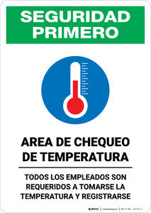 Safety First: Temperature Check Station Employees Required Spanish with Icon Portrait - Wall Sign