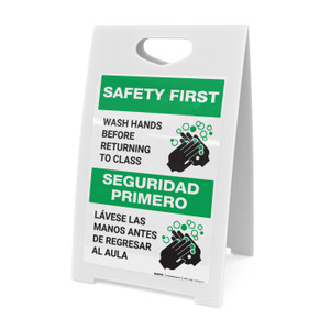 Safety First: Wash Hands Before Returning To Class Bilingual Spanish with Icon Portrait - A-Frame Sign