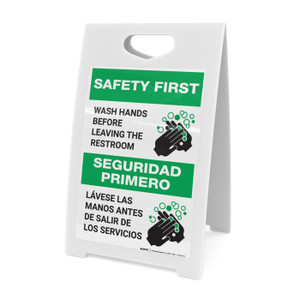 Safety First: Wash Your Hands Before Leaving Restroom Bilingual Spanish with Icon Portrait - A-Frame Sign
