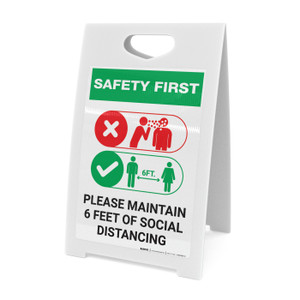 Safety First: Please Maintain 6 Feet of Social Distancing with Icons Portrait - A-Frame Sign