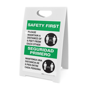 Safety First: Please Maintain A Distance Of 6 Feet Bilingual Spanish with Icon Portrait - A-Frame Sign