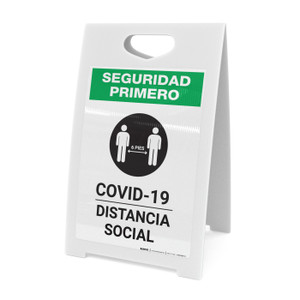 Safety First: COVID-19 Social Distancing Spanish with Icon Portrait - A-Frame Sign