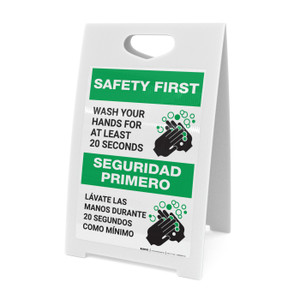 Safety First: Wash Your Hands For At Least 20 Seconds Bilingual Spanish with Icon Portrait - A-Frame Sign