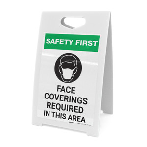 Safety First: Face Coverings Required In This Area with Icon Portrait - A-Frame Sign