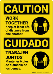 Caution: Work Together Keep 6ft. Bilingual Spanish with Icon Portrait - Wall Sign Caution: Work Together Keep 6ft. Bilingual Spanish with Icon Portrait - Wall Sign