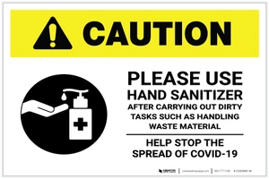 Caution: Please Use Hand Sanitizer - After Carrying Out Dirty Tasks with Icon Landscape - Label
