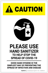 Caution: Please Use Hand Sanitizer - Good Hand Hygiene with Icon Portrait - Label