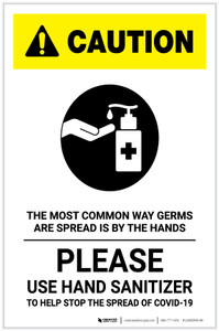 Caution: The Most Common Way Germs are Spread - Please Use Hand Sanitizer with Icon Portrait - Label