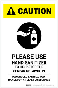 Caution: Please Use Hand Sanitizer - Sanitize Your Hands For at least 20 Seconds with Icon Portrait - Label
